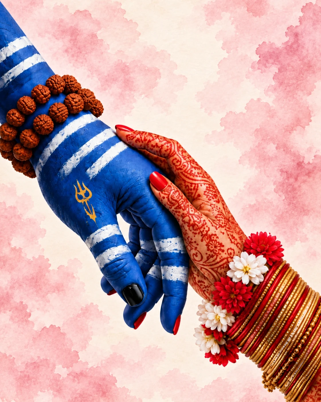 Shiva and Parvati holding hands with pink watercolor